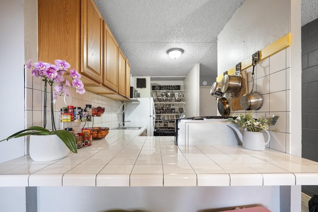 kitchen featuring a sink, backsplash, a textured ceiling, freestanding refrigerator, and tile counters