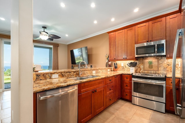 kitchen featuring stainless steel appliances, a wealth of natural light, sink, and crown molding