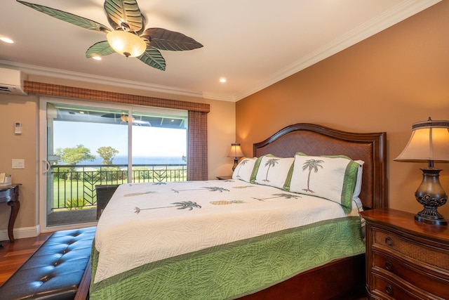 bedroom featuring crown molding, access to exterior, hardwood / wood-style flooring, a wall unit AC, and ceiling fan