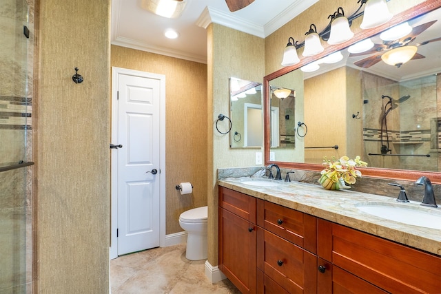 bathroom with ornamental molding, walk in shower, toilet, and vanity