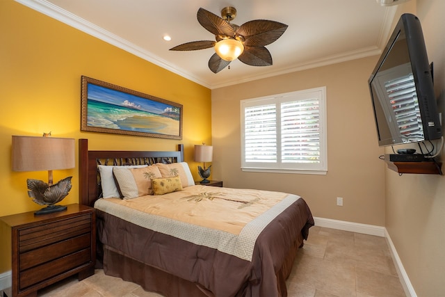 tiled bedroom featuring ornamental molding and ceiling fan