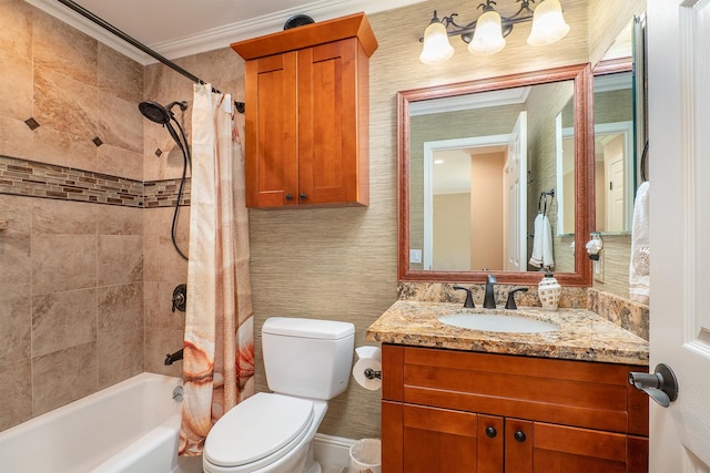 full bathroom with ornamental molding, vanity, toilet, and shower / tub combo