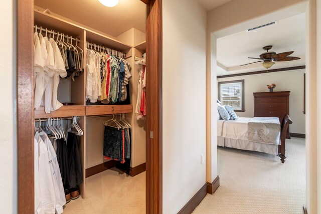 walk in closet with carpet and ceiling fan