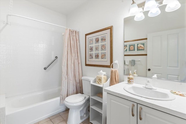 bathroom featuring shower / bath combo, vanity, toilet, and tile patterned floors