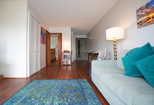 living room featuring dark hardwood / wood-style flooring and lofted ceiling