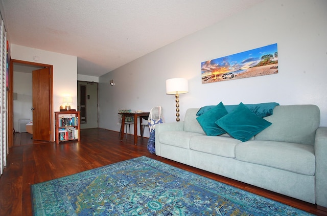 living room with a textured ceiling and dark wood-type flooring