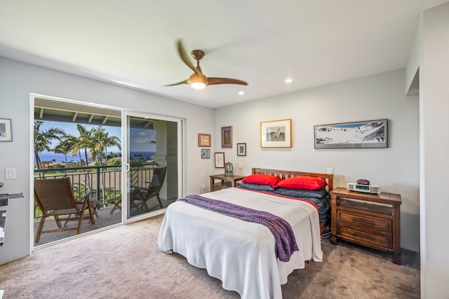 carpeted bedroom featuring ceiling fan and access to outside