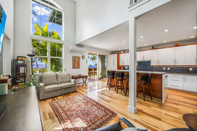 living room featuring light hardwood / wood-style floors, plenty of natural light, and a wall mounted AC