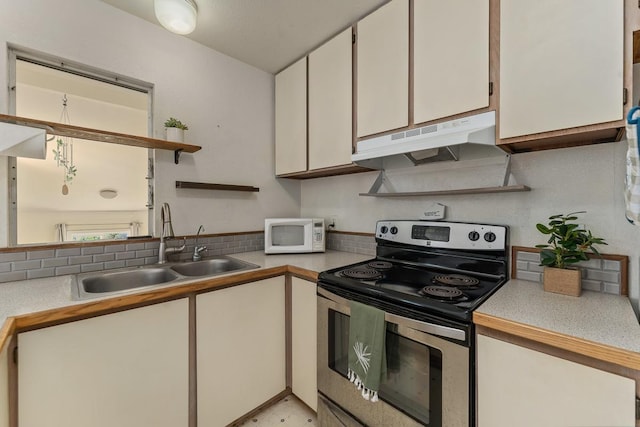 kitchen with sink, stainless steel electric stove, and white cabinets