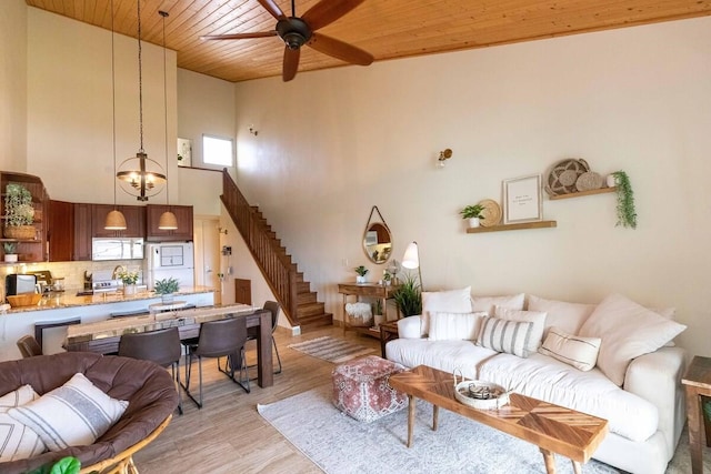 2737 S Kihei Rd Unit 311, Kihei, HI 96753 - living area featuring light wood-type flooring, a ceiling fan, wooden ceiling, stairs, and a high ceiling