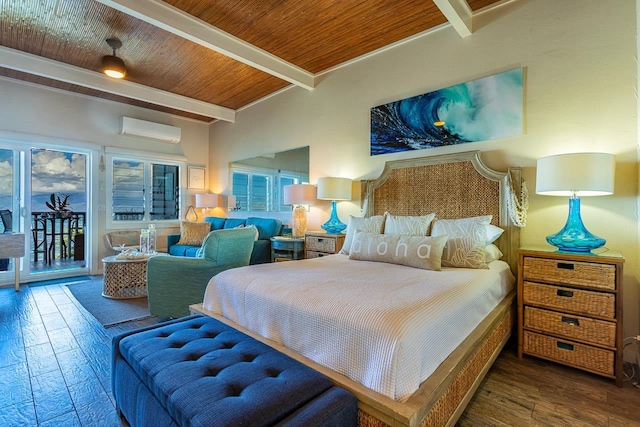 bedroom featuring hardwood / wood-style flooring, access to exterior, a wall mounted AC, wooden ceiling, and beamed ceiling