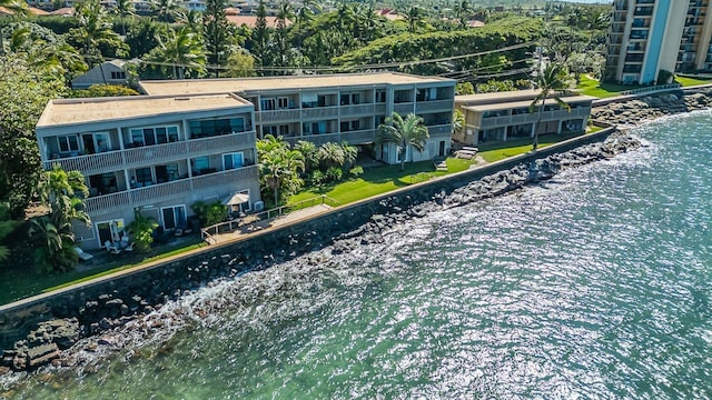 bird's eye view with a water view