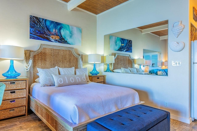 bedroom with wood ceiling, beam ceiling, and hardwood / wood-style flooring