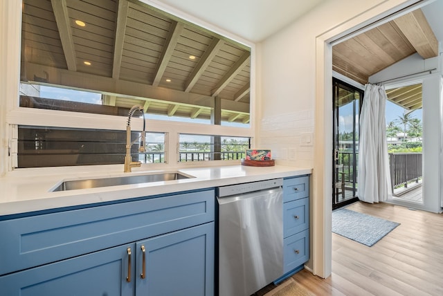 kitchen with plenty of natural light, stainless steel dishwasher, and wood ceiling