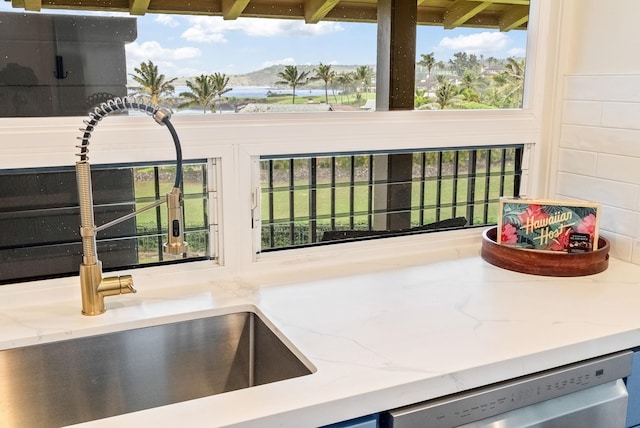 interior details featuring white dishwasher, light stone countertops, and sink