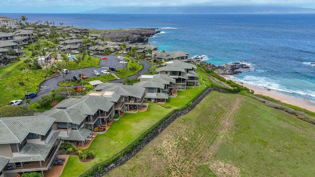 bird's eye view with a beach view and a water view