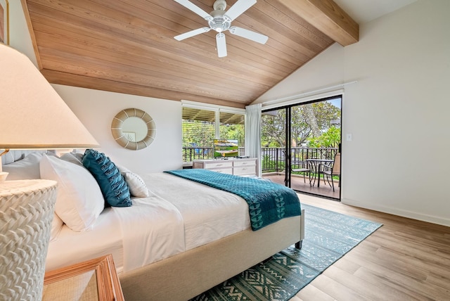 bedroom featuring access to outside, light hardwood / wood-style floors, vaulted ceiling with beams, wooden ceiling, and ceiling fan