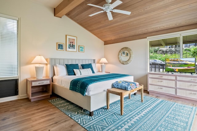 bedroom featuring light wood-type flooring, lofted ceiling with beams, ceiling fan, and wood ceiling