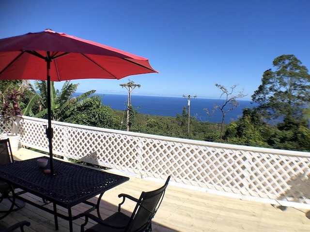 deck featuring a water view