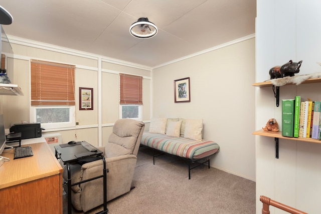 office space with light carpet and ornamental molding