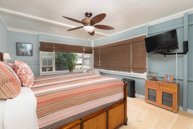 bedroom featuring ceiling fan and light colored carpet
