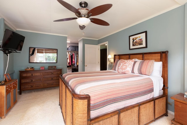 bedroom featuring a ceiling fan, ornamental molding, a walk in closet, and a closet