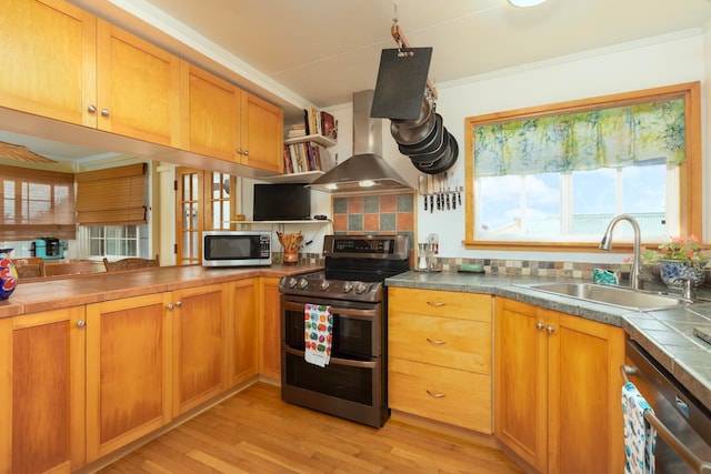 kitchen featuring decorative backsplash, appliances with stainless steel finishes, ventilation hood, crown molding, and a sink