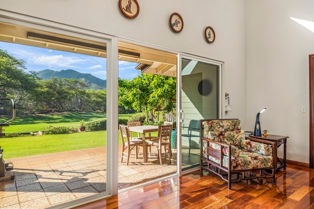 doorway to outside featuring a mountain view, hardwood / wood-style flooring, and a healthy amount of sunlight