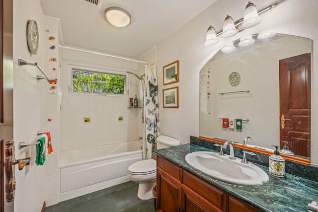 full bathroom featuring tile patterned flooring, vanity, shower / bath combination with curtain, and toilet