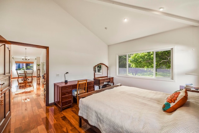 bedroom with beamed ceiling, dark hardwood / wood-style floors, high vaulted ceiling, and a chandelier