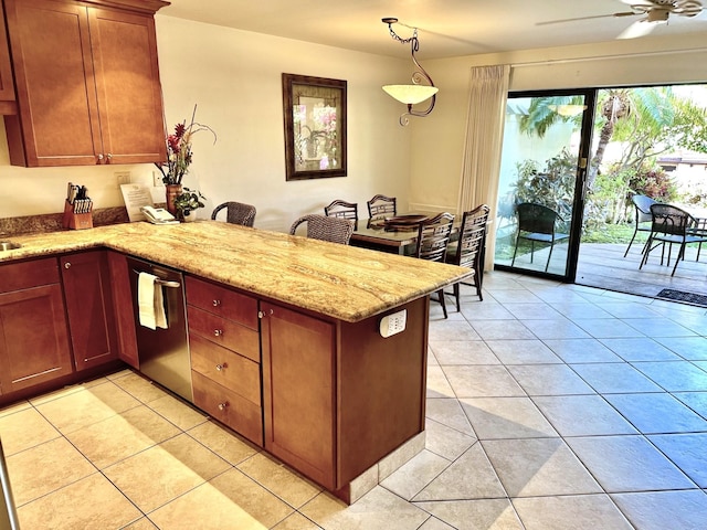 kitchen with light stone countertops, ceiling fan, stainless steel dishwasher, kitchen peninsula, and decorative light fixtures