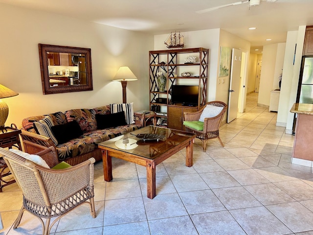 living room with light tile patterned flooring