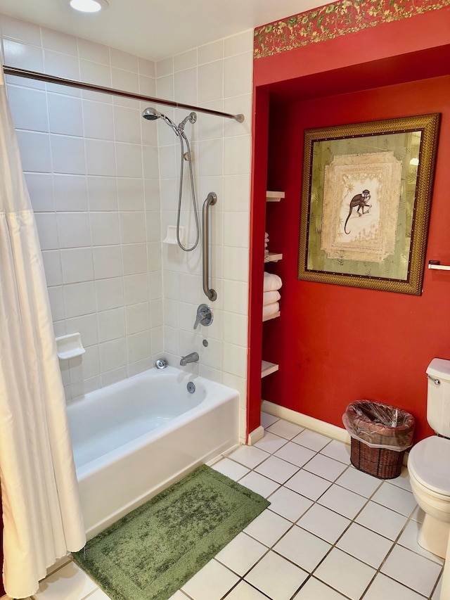 bathroom with toilet, shower / bath combination with curtain, and tile patterned floors