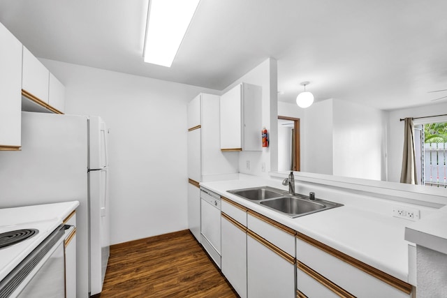 36 Kunihi Ln Unit 213, Kahului, HI 96732 - kitchen featuring white cabinetry, a sink, light countertops, dark wood finished floors, and white appliances