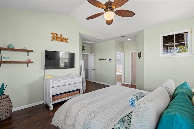 bedroom with visible vents, baseboards, vaulted ceiling, and dark wood-style flooring