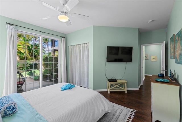 bedroom featuring ceiling fan, dark wood-style flooring, and baseboards