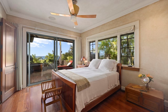 bedroom featuring crown molding, access to exterior, ceiling fan, and dark wood-type flooring