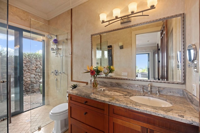 bathroom featuring ornamental molding, toilet, an enclosed shower, and vanity