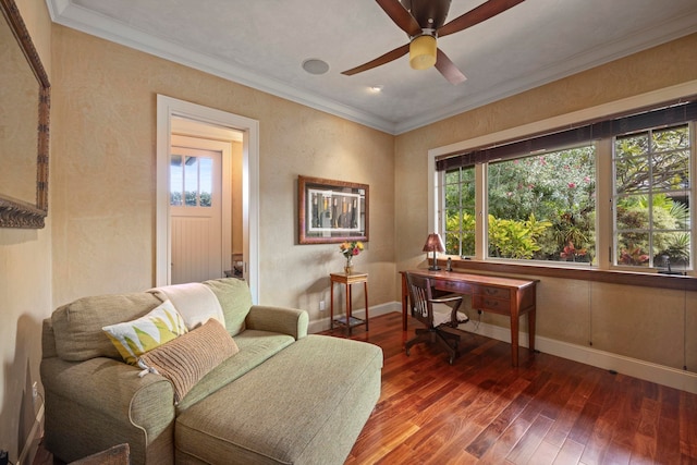 interior space featuring ceiling fan, crown molding, and dark wood-type flooring