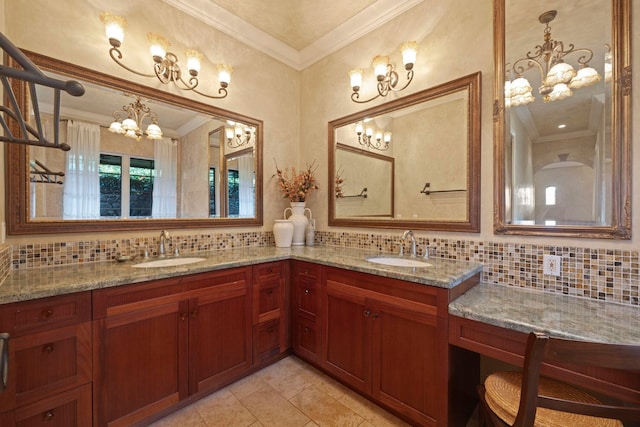 bathroom with backsplash, tile floors, dual sinks, large vanity, and ornamental molding