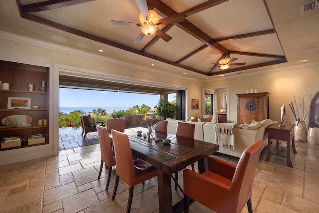 dining room featuring coffered ceiling, light tile floors, a raised ceiling, and ceiling fan