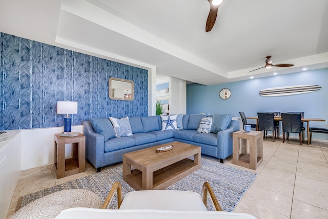 3200 Wailea Alanui Dr Unit 2105, Kihei, HI 96753 - living room with ceiling fan, tile patterned floors, wallpapered walls, and a tray ceiling