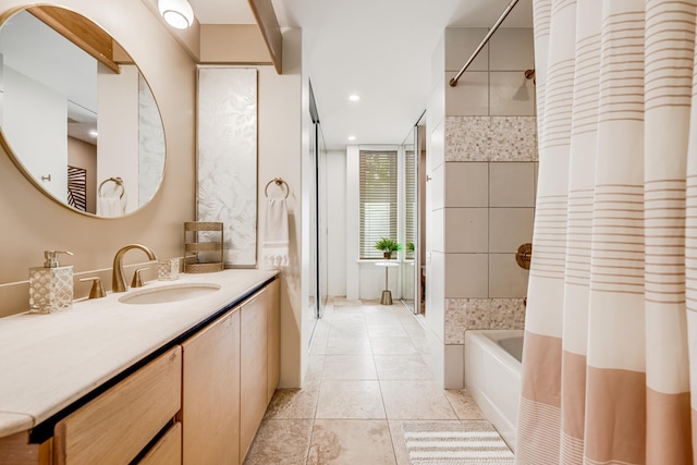 3200 Wailea Alanui Dr Unit 2105, Kihei, HI 96753 - bathroom featuring vanity, a garden tub, a shower, recessed lighting, and tile patterned flooring
