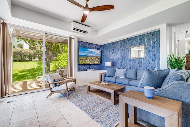 3200 Wailea Alanui Dr Unit 2105, Kihei, HI 96753 - living area featuring a wall unit AC, light tile patterned floors, wallpapered walls, and ceiling fan