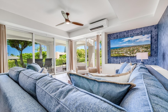 3200 Wailea Alanui Dr Unit 2105, Kihei, HI 96753 - living room with a wall unit AC, a ceiling fan, and tile patterned flooring