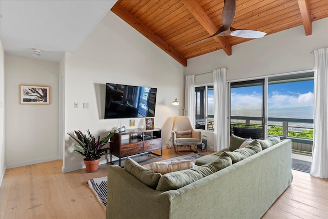 living room with high vaulted ceiling, light hardwood / wood-style flooring, beamed ceiling, and wood ceiling