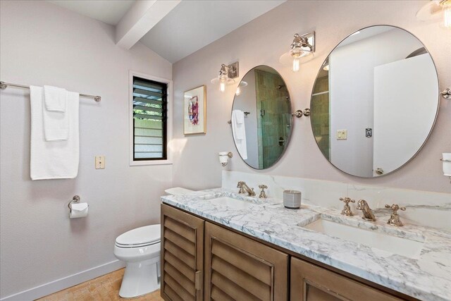 bathroom with walk in shower, lofted ceiling with beams, vanity, and toilet