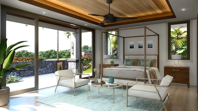 bedroom featuring multiple windows, access to outside, expansive windows, and wooden ceiling