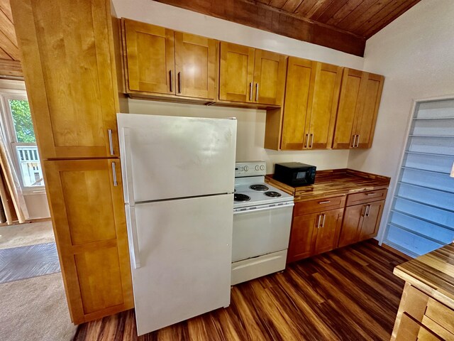 kitchen featuring dark hardwood / wood-style floors, beamed ceiling, white appliances, and wooden ceiling