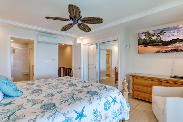 bedroom with ceiling fan, light hardwood / wood-style flooring, a wall mounted AC, a closet, and ornamental molding